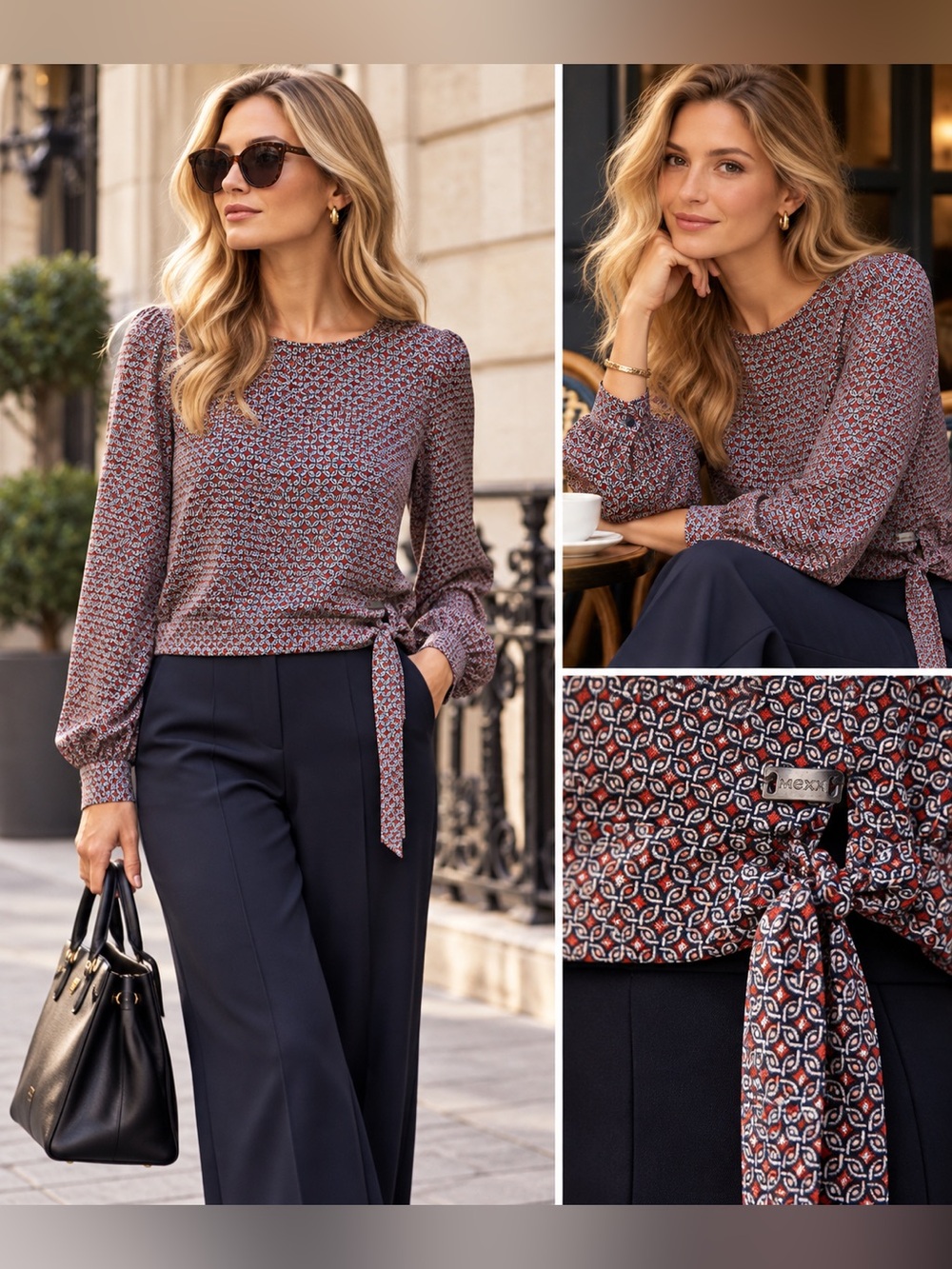 Mexx Burgundy and Navy Printed Tie-Waist Blouse